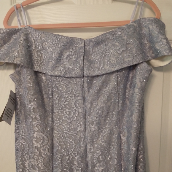 CACHET' NY Lace off the Shoulder Sky Blue Silver Trumpet Evening Gown Sparkle 14 - Picture 7 of 9